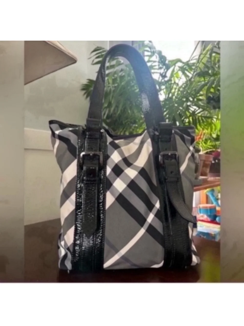 Burberry Black and Gray Plaid Messenger Tote with Patent Trim - Picture 3 of 13